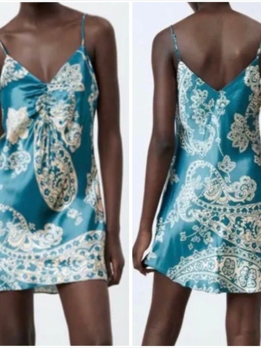 Zara Mini Paisley Ruched Drawstring Front Slip-Style Cream Teal Dress Size XS